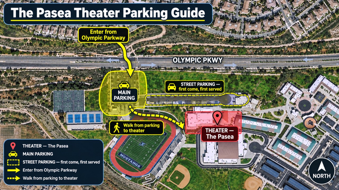The Pasea Theater parking guide showing the Olympic Parkway entrance, main parking, street parking, and walking route to the theater.